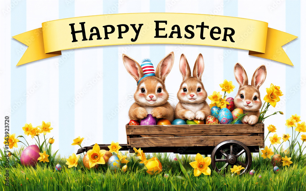 Poster a delightful easter scene with three adorable bunnies riding in a wooden cart filled with colorful e