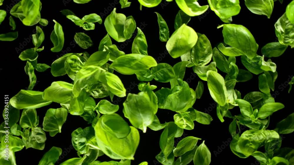 Poster super slow motion of rotating basil leaves on black background. ultimate perspective and motion. fil