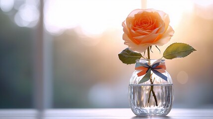   A solitary rose in a clear vase, adorned with a delicate bow on the stem and a graceful ribbon at its base