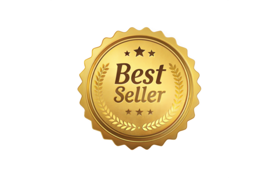 best seller golden badge on transparent background, satisfaction guaranteed seal, best for products marketing.