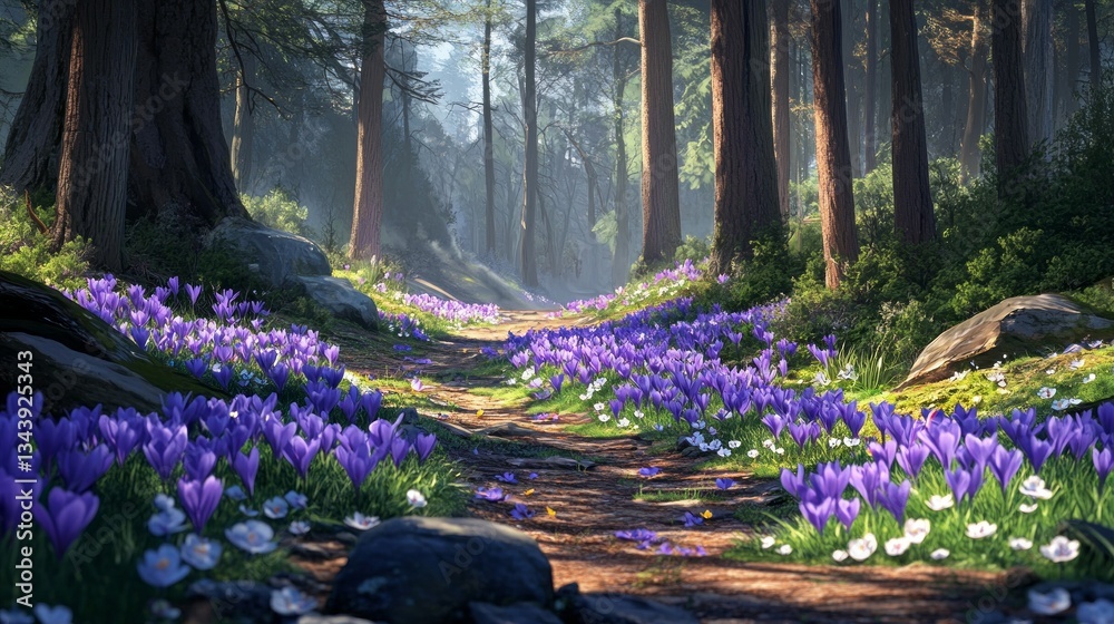 Poster a picturesque forest path meanders through a tranquil landscape adorned with vibrant wildflowers. su