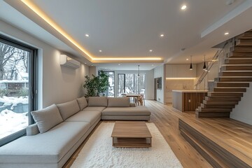 Modern cozy living room with wooden staircase and snowy view
