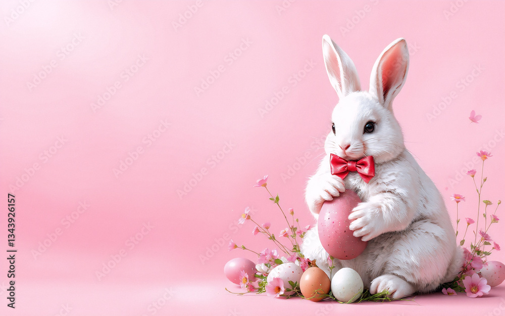 Poster fluffy white rabbit with a red bow tie holds a pink easter egg, surrounded by flowers and eggs on a 