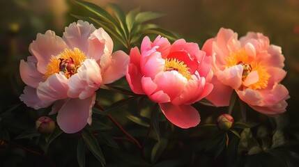 Fototapeta premium Lush, fully bloomed peonies in delicate shades of pink, blush, and coral, their dewy petals soft and layered with natural detail, glowing gently in the early morning light.