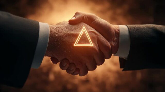 Business handshake with glowing triangle symbol between hands on warm golden background. agreement, mystical illuminated element. Partnership, secret society. Masonic symbolism, conspiracy theories