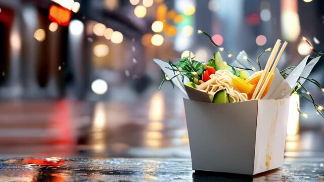 Delicious asian noodles in takeout box with chopsticks amidst glowing city lights