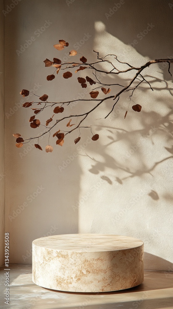 Poster a delicate branch with dried leaves extends toward a round stone table, casting intricate shadows on