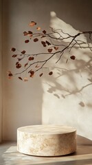 A delicate branch with dried leaves extends toward a round stone table, casting intricate shadows on the warm, sunlit wall. This serene setting embodies calmness and simplicity
