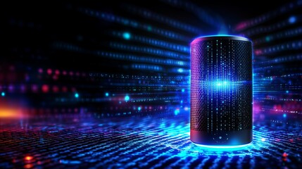 Futuristic smart speaker with vibrant neon lights against a digital background, creating a lively tech atmosphere.