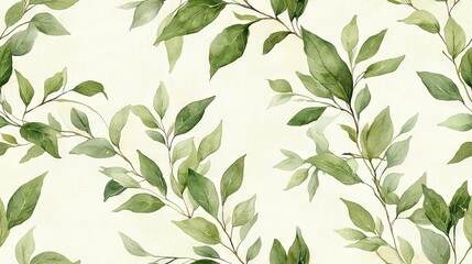  Watercolor painting of white background with green foliage on the right side