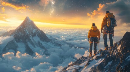 Obraz premium very realistic images, highly detailed image, Climbing couple and 5-year-old daughter on her father's shoulders climbing the mountain