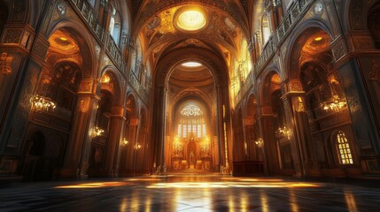 Fototapeta premium Ornate cathedral interior shines with golden light