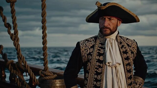 A Middle-Aged Male Pirate Captain Standing Proudly on a Ship's Deck Against the Ocean Backdrop, Dressed in Ornate Attire with a Tri-Cornered Hat, Symbolizing Adventure and History