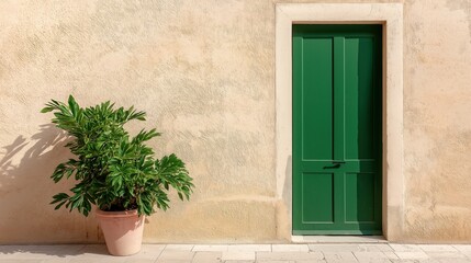 Small potted plant on the left side of the image. the plant is a large, green plant with long, slender leaves. it is placed in a terracotta pot on a tiled floor in front of a beige-colored wall.