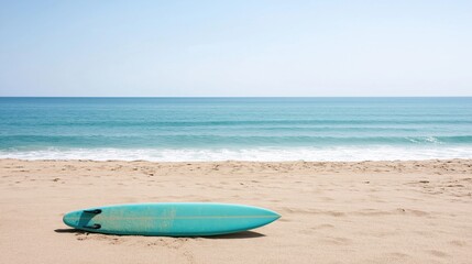 Beach with a clear blue sky and the ocean in the background. the ocean is a beautiful shade of blue with small waves crashing onto the shore.