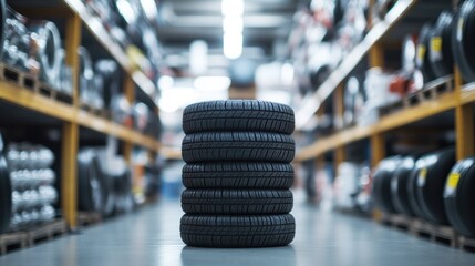 Stacked tires in warehouse ready for installation on vehicles tires