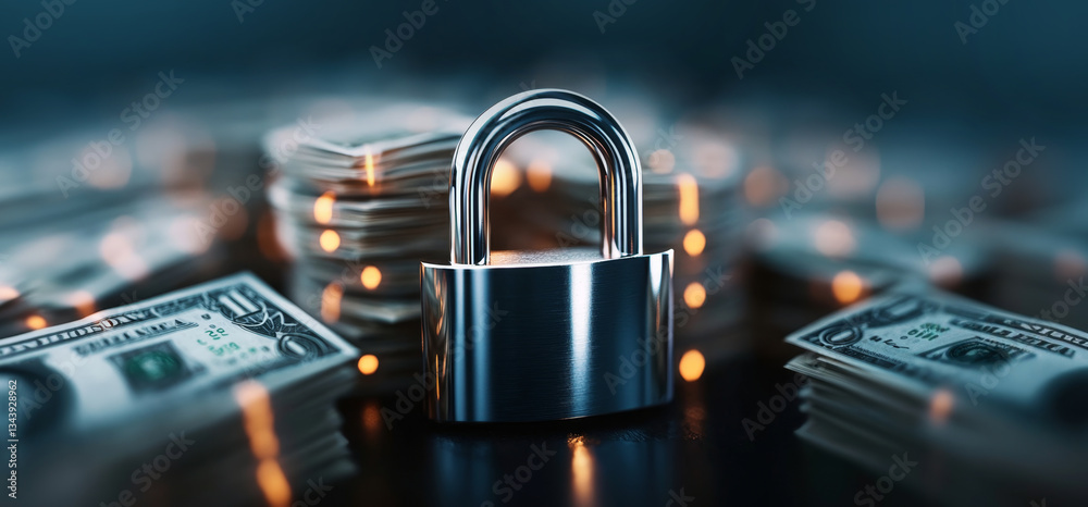 Poster a silver padlock rests on a dark surface surrounded by bundles of money, symbolizing safety and priv