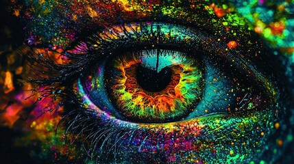 Obraz premium An intimate portrait showcases a person's eye adorned in a rainbow of vibrant paint colors