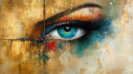   A blue-eyed woman with multi-colored paint on her face in a painting
