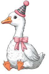 Adorable Watercolor Illustration of a Goose with Party Hat and Ribbon Bow – Cute Celebration Animal Art