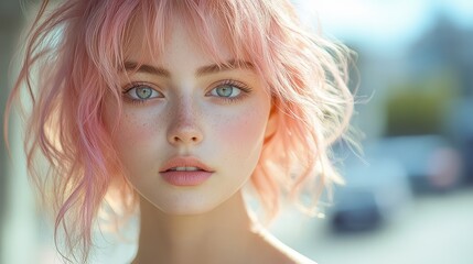 Fototapeta premium Portrait of a Young Chinese Woman with Pink Hair in Urban Setting