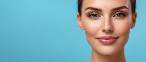 close up portrait of woman with smooth skin, bright blue eyes, and gentle smile against light blue background, showcasing beauty and confidence