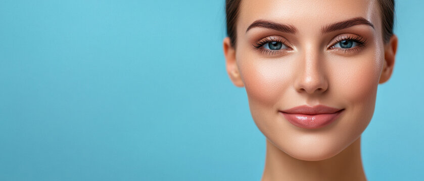 close up portrait of woman with smooth skin, bright blue eyes, and gentle smile against light blue background, showcasing beauty and confidence