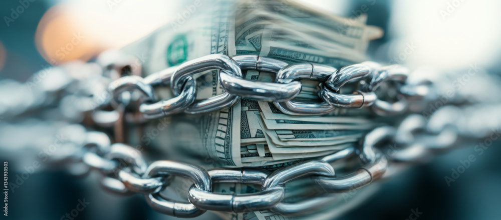 Leinwandbilder a stack of cash is securely bound by a heavy metal chain, symbolizing the importance of protecting f
