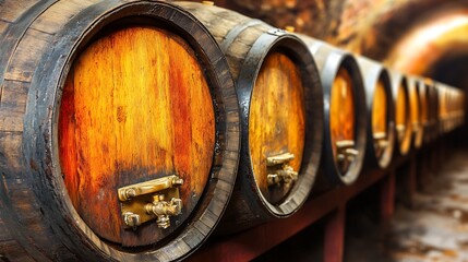Wooden barrels aligned in a dimly lit cellar or storage room
