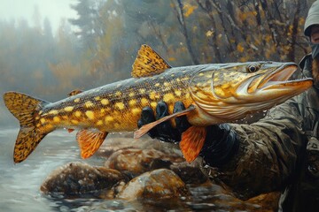 Obraz premium Fisherman Holding Trophy Northern Pike on Boat in Morning Sunlight