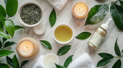 Flat Lay of Green Tea, Wellness Skincare Products, and Soft Candle Glow