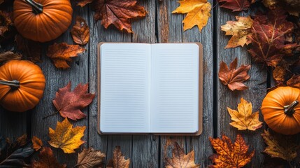 Autumnal Musings: An Open Notebook Amidst Pumpkins and Colorful Leaves
