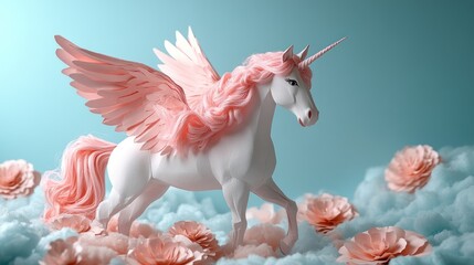 Whimsical papercraft unicorn with pink wings in a floral cloudscape