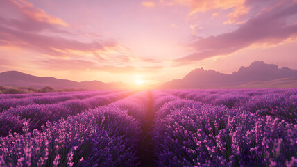 Lavender Field in Full Bloom at Sunset with Glowing Sky and Soft Light