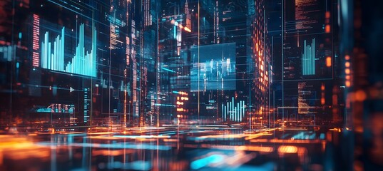 Abstract digital city landscape with glowing data streams and code.