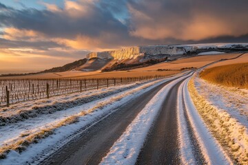 Snowy road through vineyards at sunrise