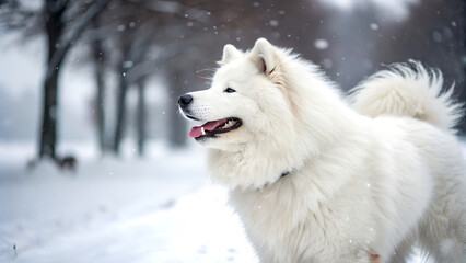 Naklejka premium Fluff and Frost Samoyed's Snowy Adventure JPEG file download