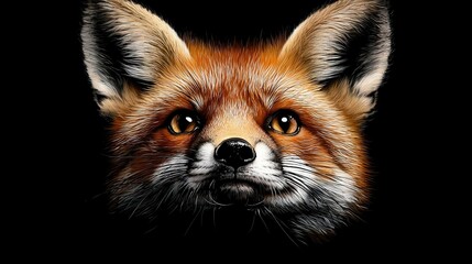 Obraz premium Close-up shot of a red fox's face against a black backdrop, showcasing the vivid contrast between the fox's fur and the background