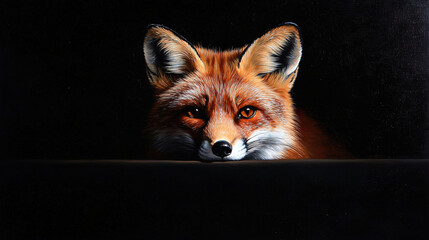 Fototapeta premium Close-up of a Red Fox's Face on Black Background with Light Shining in Background