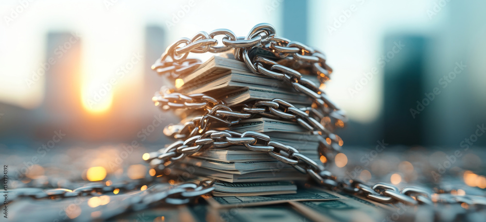 Poster A stack of cash is securely bound with a large chain, symbolizing the importance of banking security. The setting is outdoors during sunset, hinting at privacy and financial protection.