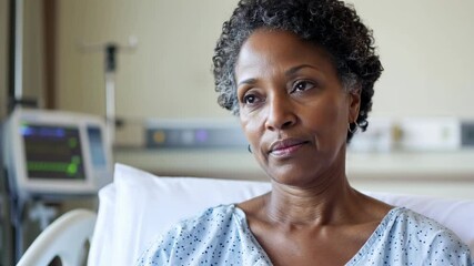 Smiling African American woman in hospital gown sitting in bed. Patient with natural gray hair showing recovery, positive attitude. Healthcare and wellness. Medical services, insurance, patient care