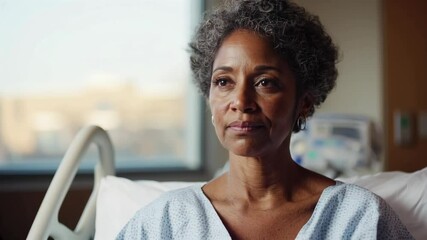 Smiling African American woman in hospital gown sitting in bed. Patient with natural gray hair showing recovery, positive attitude. Healthcare and wellness. Medical services, insurance, patient care