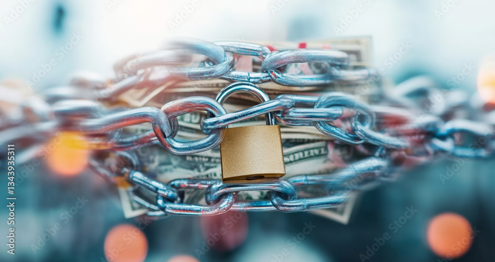 Leinwandbilder A lock is secured with a chain around a stack of cash, symbolizing the importance of privacy in banking. The setup highlights the need for financial security and protection against theft.