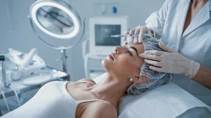 Woman receiving forehead injection, medical aesthetic procedure concept, for beauty clinic advertising, for video production, close up