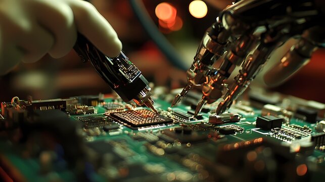 Closeup of Robotic Arm Soldering Microchip on Circuit Board