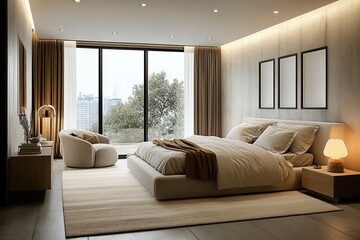 Modern Minimalist Scandinavian Bedroom Design with Large Windows and Sleek Furniture