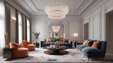 Luxury Modern Living Room Neoclassical Design with Plush Armchairs and Marble Floors