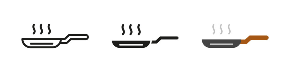 Frying pan icon. Hot steaming pan vector illustration. Kitchen and cookware symbol. Cooking utensil pictogram for home and restaurant use. Meal preparation and stovetop heating concept.