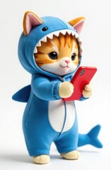Plush toy cat in blue shark costume with smartphone. Trendy character, template for notebook, teenager's diary design, on white background
