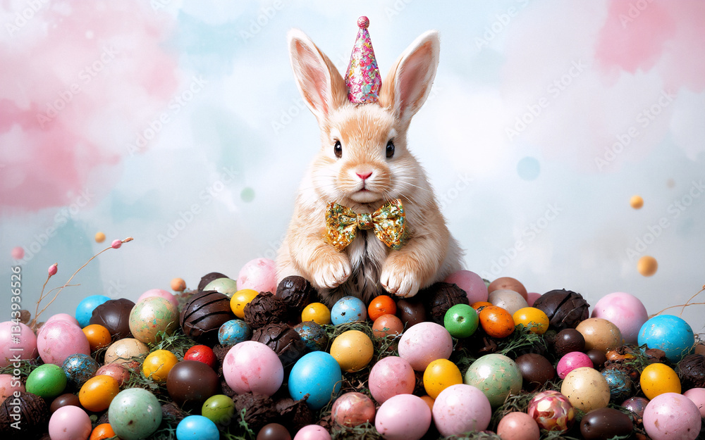 Poster a cute bunny wearing a party hat and bow tie sits atop a mound of colorful easter eggs against a sof